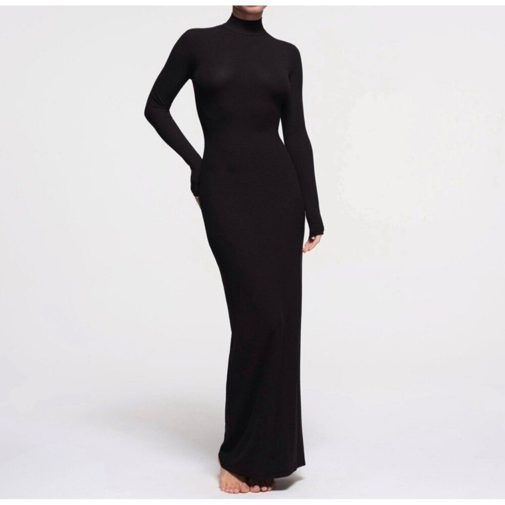 NWT SKIMS Soft Lounge Black Onyx Turtleneck Ribbed Maxi Dress